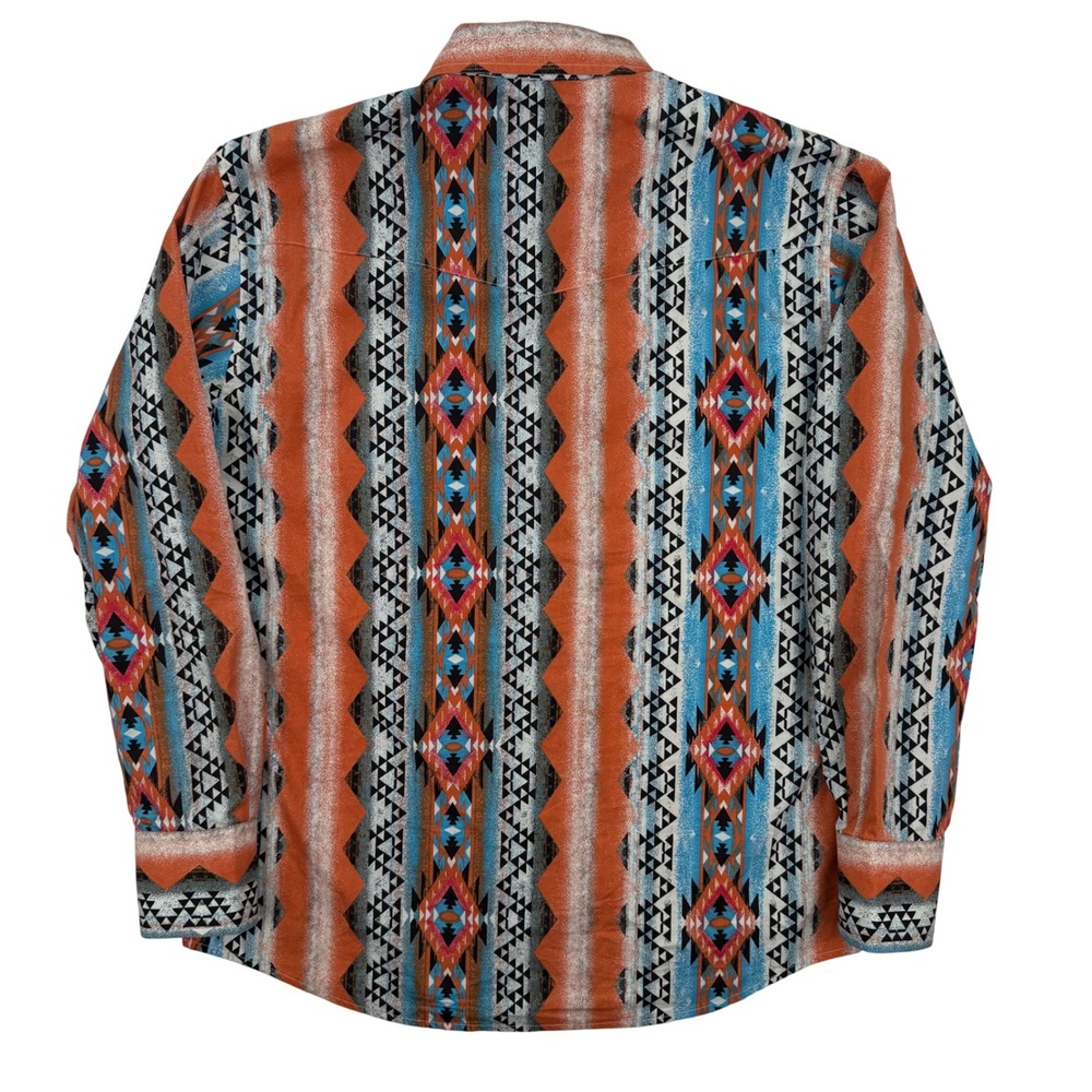 Wrangler Mens Aztec Southwestern Pearl Snap Checotah Western Shirt Orange Blue - Picture 5 of 6